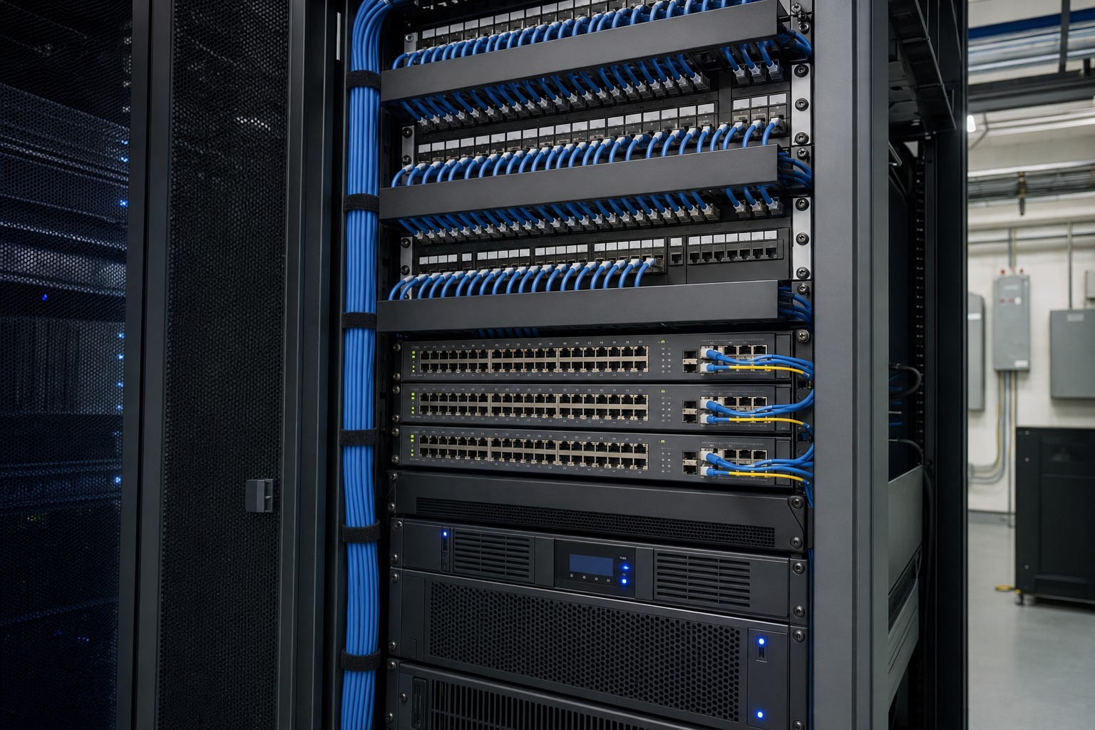 Organized commercial network rack with blue data cabling